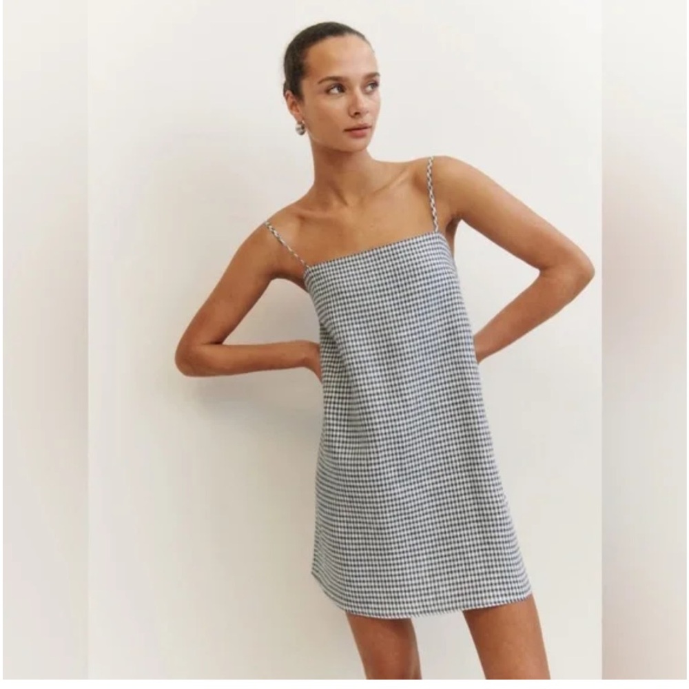 NWT Reformation Aubree Linen Dress in Slate Check size Large